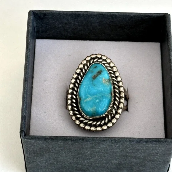 Vintage 925 Sterling Silver Turquoise Large Southwestern Tall Band Ring Size 8